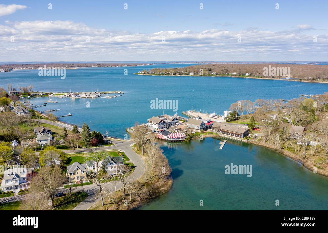 Drone image looking at Shelter Island Heights and beyond towards, Greenport, NY Stock Photo