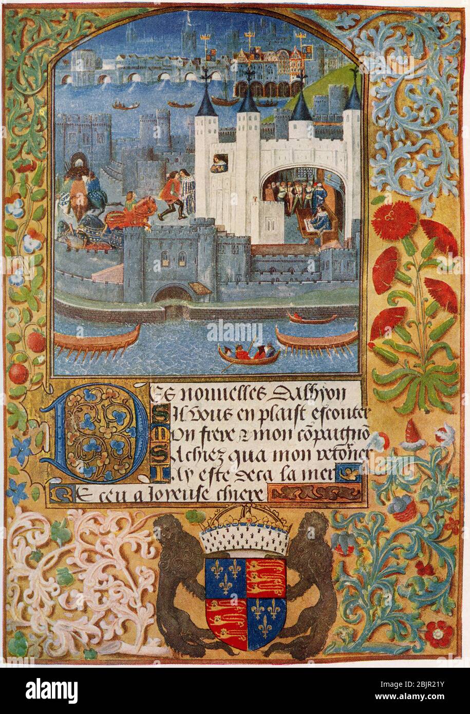 Page from an illuminated manuscript, poems of Charles, Duke of Orleans.  Flemish work of around 1500.  From Britain and Her Neighbours, 1485 - 1688, published 1923. Stock Photo