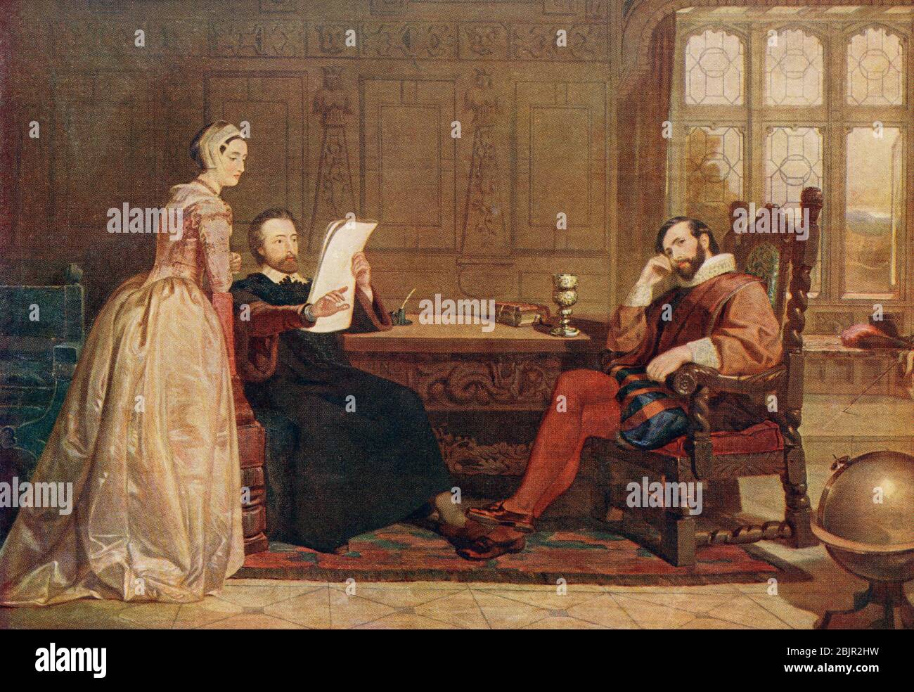 Spenser reading The Fairy Queen to Sir Walter Raleigh. Edmund Spenser, 1552/1553 – 1599.  English poet.  Sir Walter Raleigh, c. 1552 /1554 - 1618.  English landed gentleman, writer, poet, soldier, politician, courtier, spy and explorer.  After the painting by John Claxton.  From Britain and Her Neighbours, 1485 - 1688, published 1923. Stock Photo