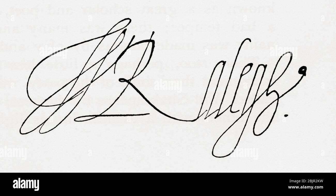 Signature of Sir Walter Raleigh, c. 1552 /1554 - 1618.  English landed gentleman, writer, poet, soldier, politician, courtier, spy and explorer. From Britain and Her Neighbours, 1485 - 1688, published 1923. Stock Photo