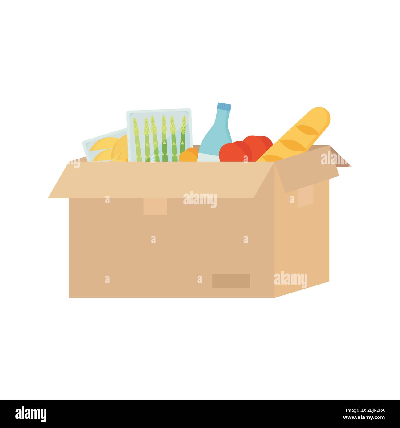 Open cardboard box with food, water, asparagus, baguette, tomato, mango