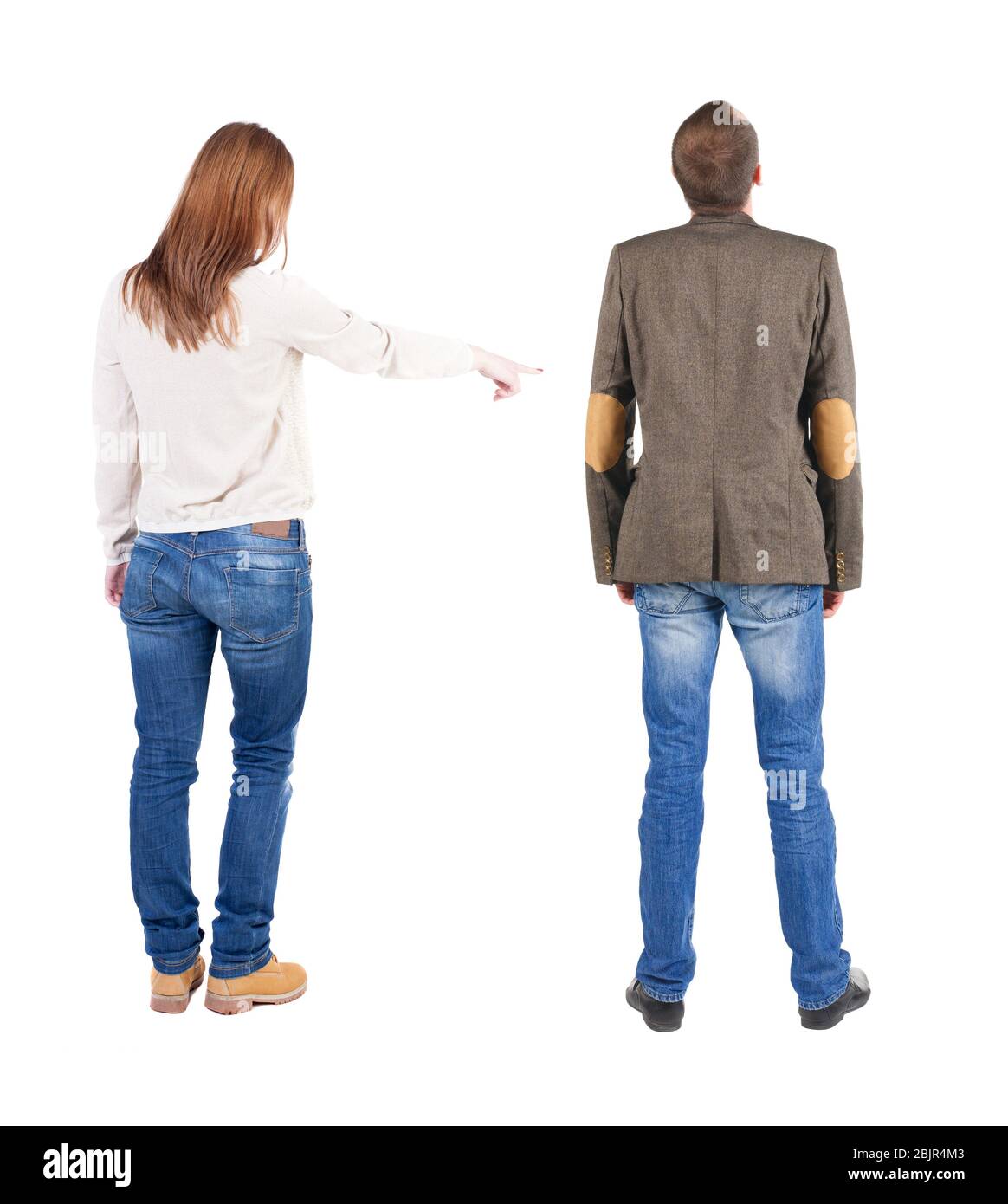 Back view of couple in sweater pointing. Rear view people collection ...