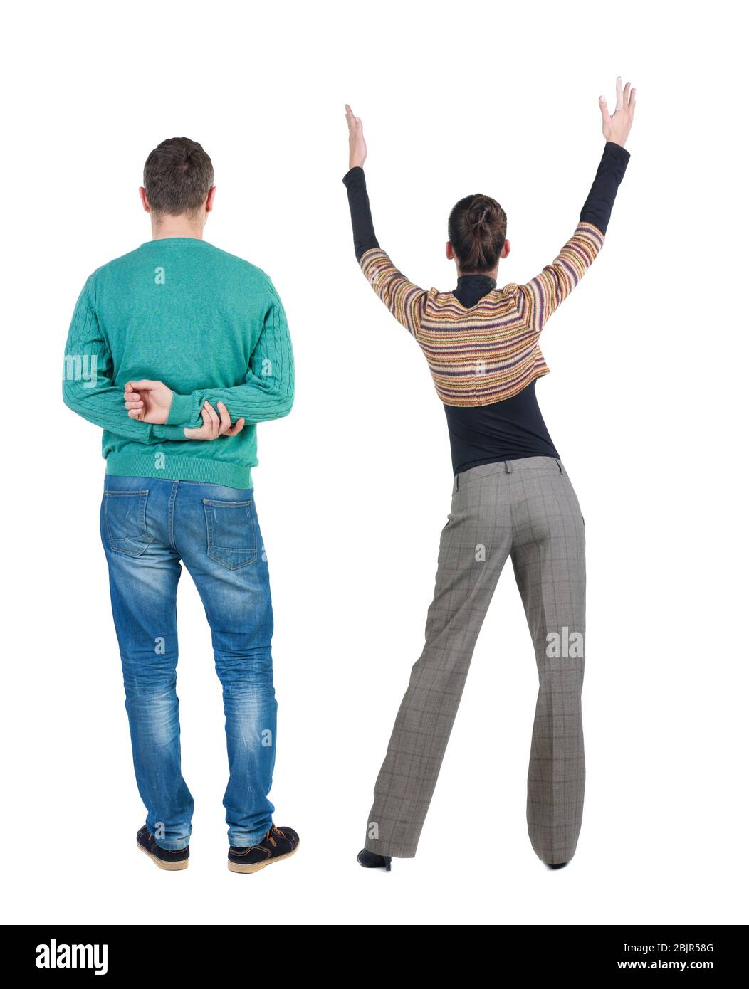 Back view couple in sweater. beautiful man and woman. Rear view people ...