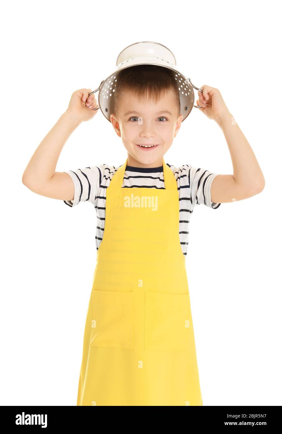 Cute boy wearing colander, isolated on white Stock Photo - Alamy
