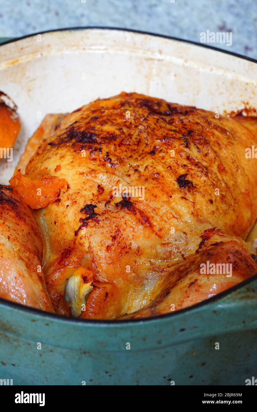 Roasting a whole chicken in a Dutch Oven Stock Photo Alamy