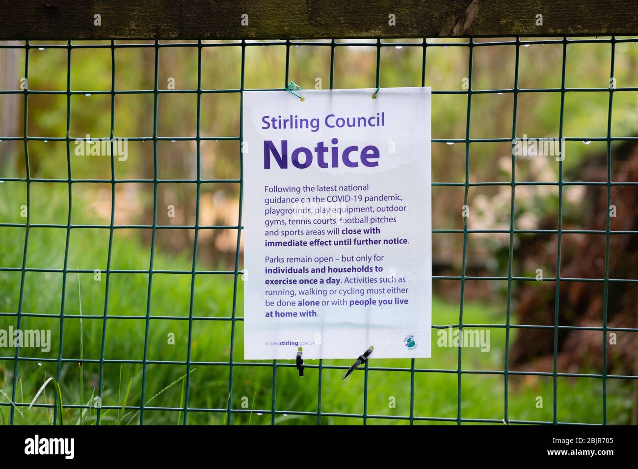 Parks open for exercise only, outdoor facilities such as playgrounds, play equipment closed information notice Killearn, Stirling, Scotland, UK Stock Photo