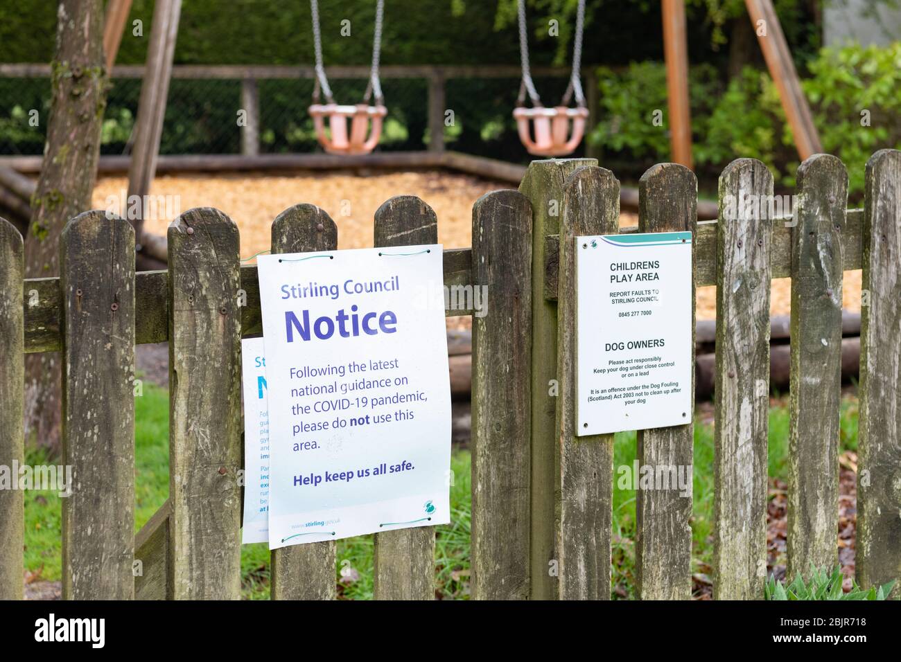 Play area closed sign - Killearn play park, Stirling, Scotland, UK Stock Photo