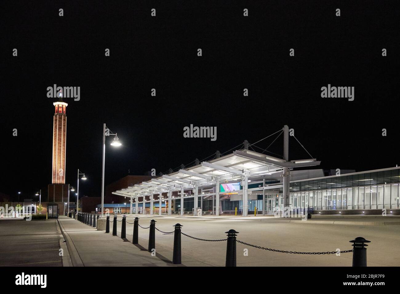 Exterior view of municipal bus transportation terminal in Port Huron, Michigan at night Stock Photo