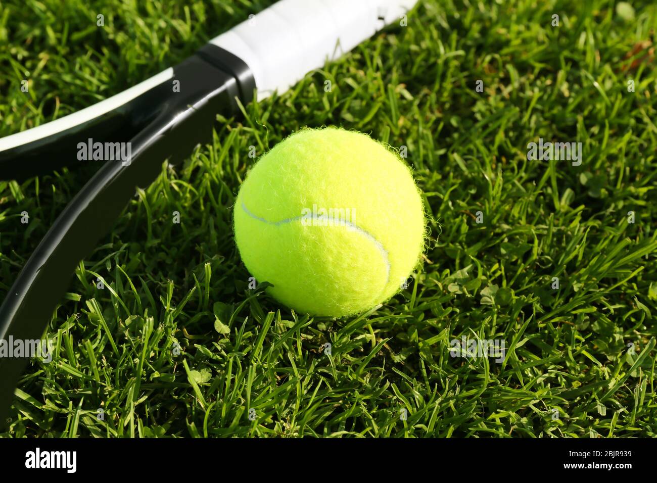 Tennis racket and ball on green grass Stock Photo - Alamy
