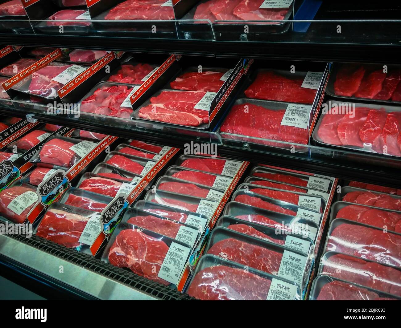 An attractive display of meat in the butcher department of a supermarket in New York on Thursday, April 23, 2020. Smithfield Foods’ CEO Kenneth Sullivan previously announced that the nation’s meat supply is “perilously close” to a shortage. (© Richard B. Levine) Stock Photo