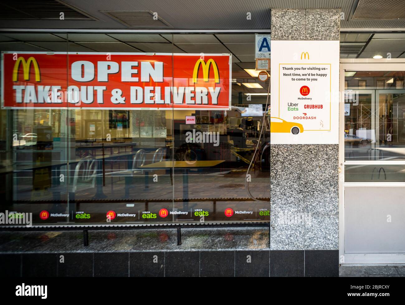 McDonald’s promotes their delivery service in the Chelsea neighborhood of New York on Sunday, April 19, 2020 during the COVID-19 pandemic. (© Richard B. Levine) Stock Photo