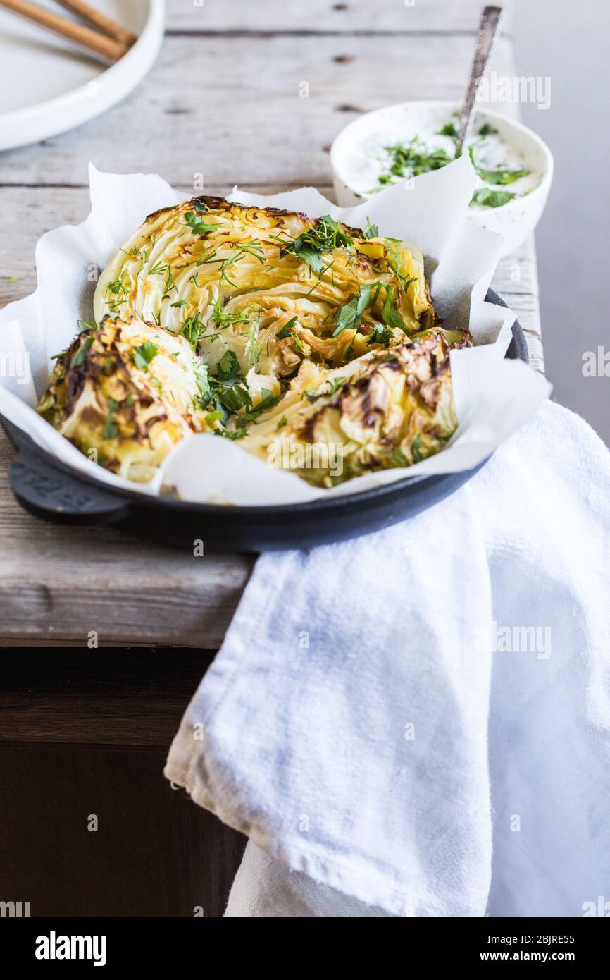 Baked cabbage slices. Vegan diet. Healthy grilled cabbage steaks with