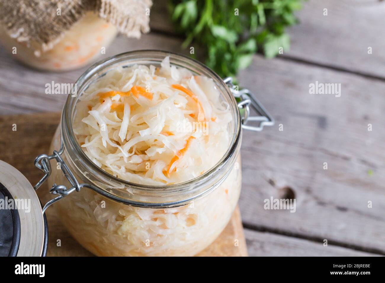 Sauerkraut fermented salad. Homemade fresh pickled cabbage (german