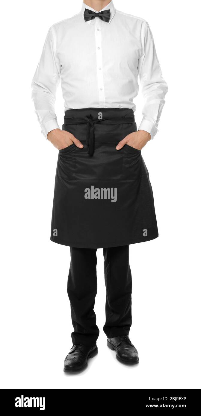 Waiter in black apron on white background Stock Photo - Alamy