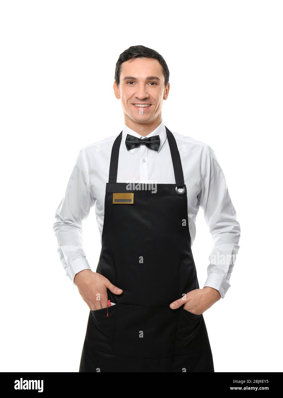 Waiter in black apron on white background Stock Photo - Alamy