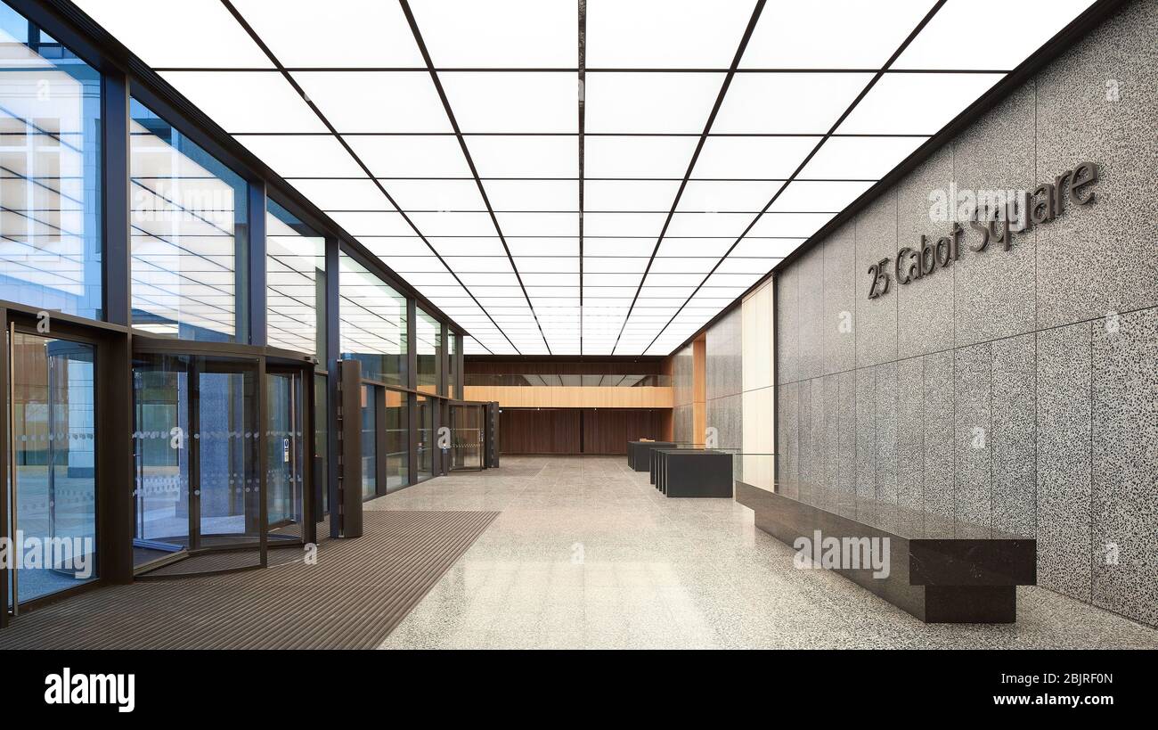 Corporate reception space with illuminated ceiling. 25 Cabot Square