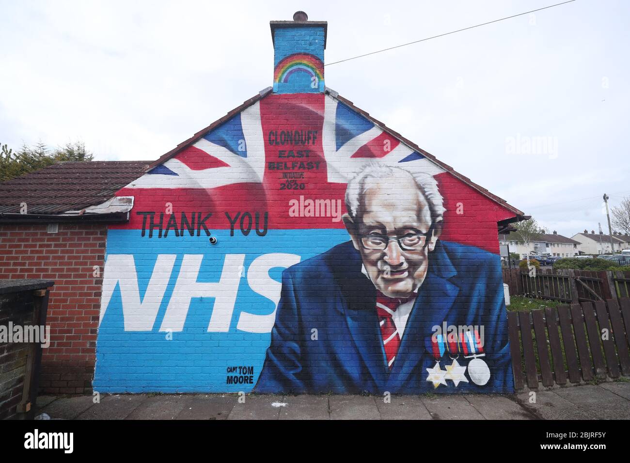 A new mural tribute to Colonel Tom Moore on his 100th birthday in Clonduff, east Belfast. Stock Photo