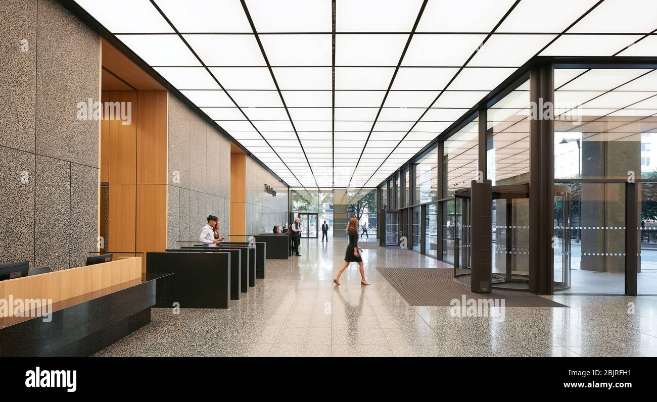 Corporate reception space with illuminated ceiling. 25 Cabot Square