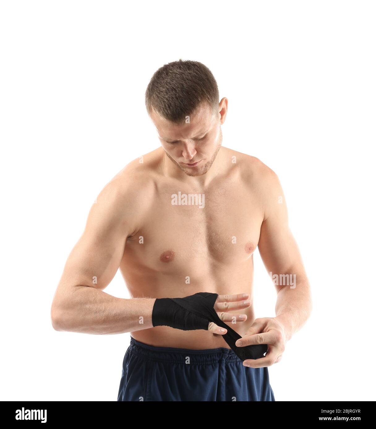 Male boxer applying wrist wraps on white background Stock Photo Alamy