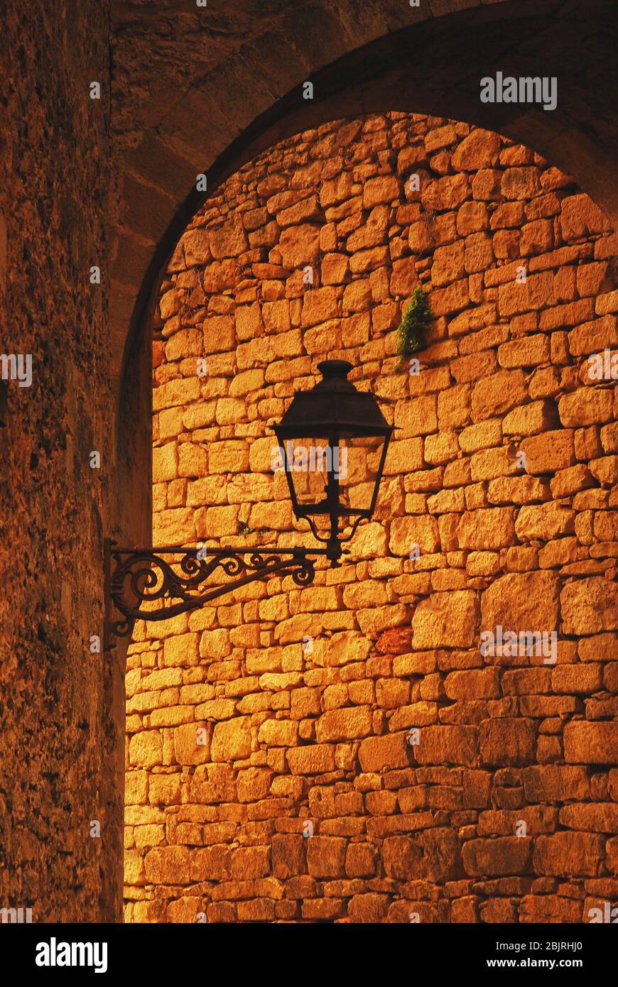 Street and Street Lantern Detail in the Medieval Town of Sarlat la Caneda, Dordogne, France Stock Photo