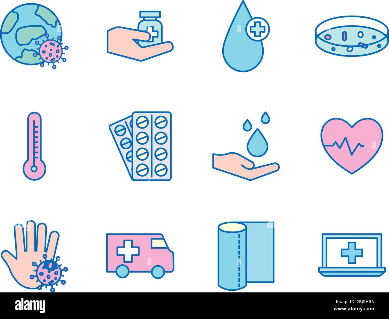 Covid 19 virus line and fill style icon set vector design Stock Vector