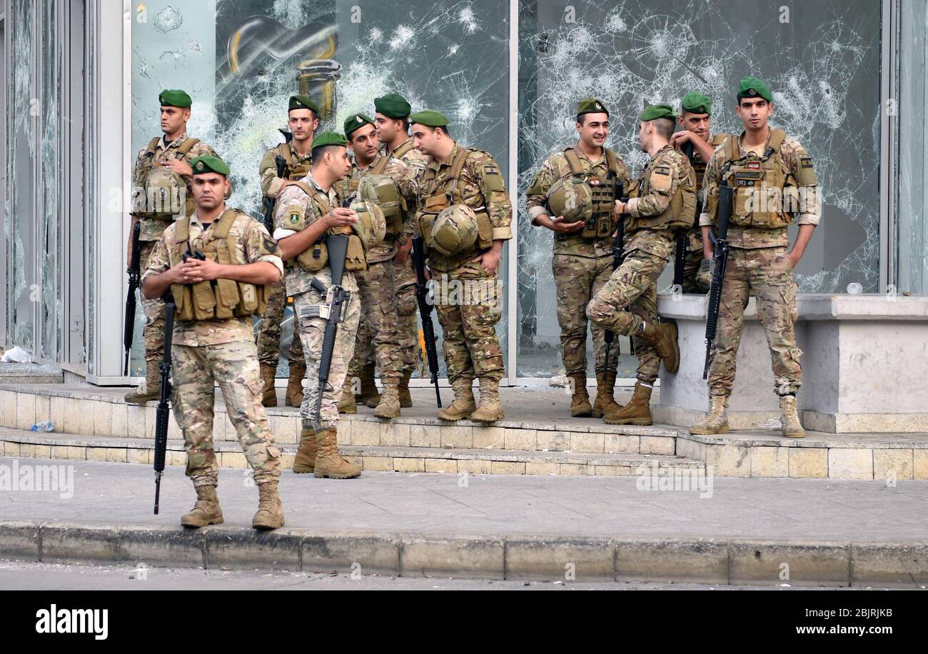 Lebanese army deployed on the streets during the October 2019 anti-government protests, Downtown, Beirut, Lebanon. Stock Photo