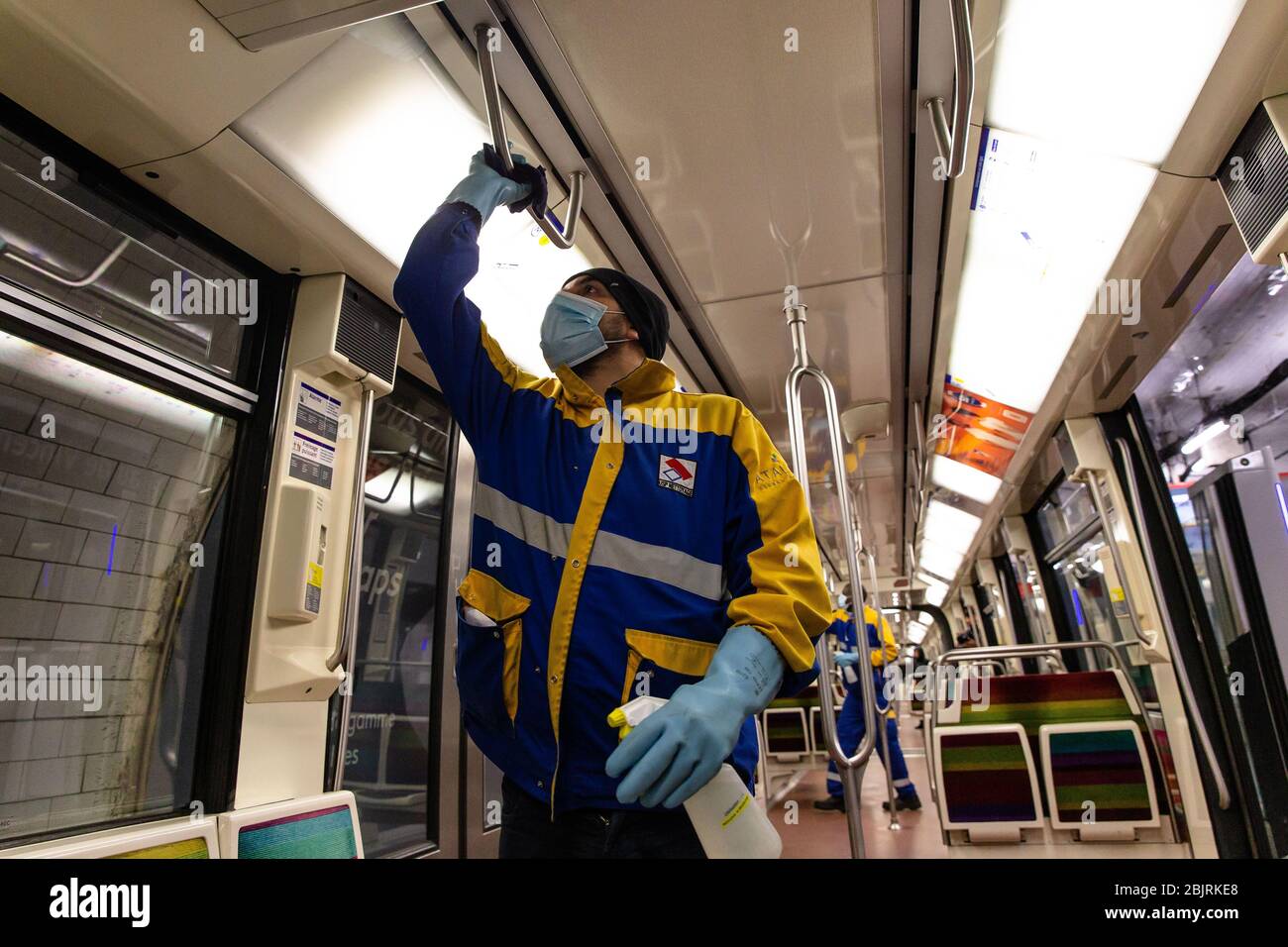 Paris, France. 30th Apr, 2020. Staff members of a private cleaning and disinfection company disinfect metro trains in Vincennes near Paris, France, April 30, 2020. Two weeks ahead of the exit plan being put into motion, France's coronavirus death toll rose to 24,087 while hospitalizations and patients in intensive care continued to decline on Wednesday. Credit: Aurelien Morissard/Xinhua/Alamy Live News Stock Photo