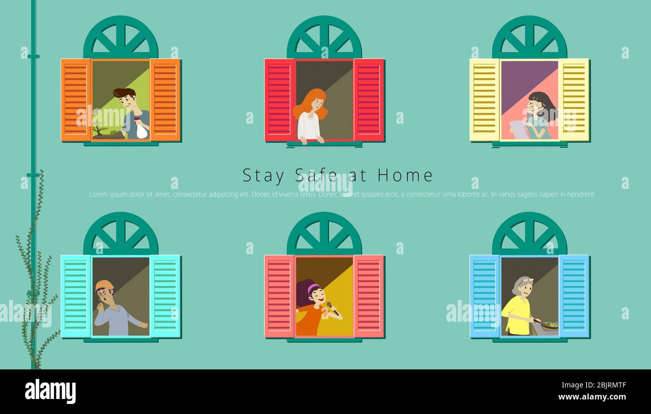 People staying at home in apartment building, open windows show