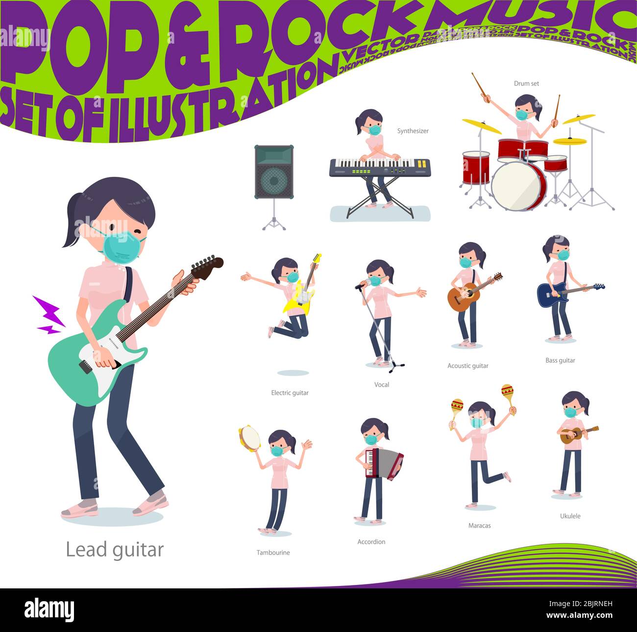 A set of Medical staff women wearing N95mask playing rock 'n' roll and ...