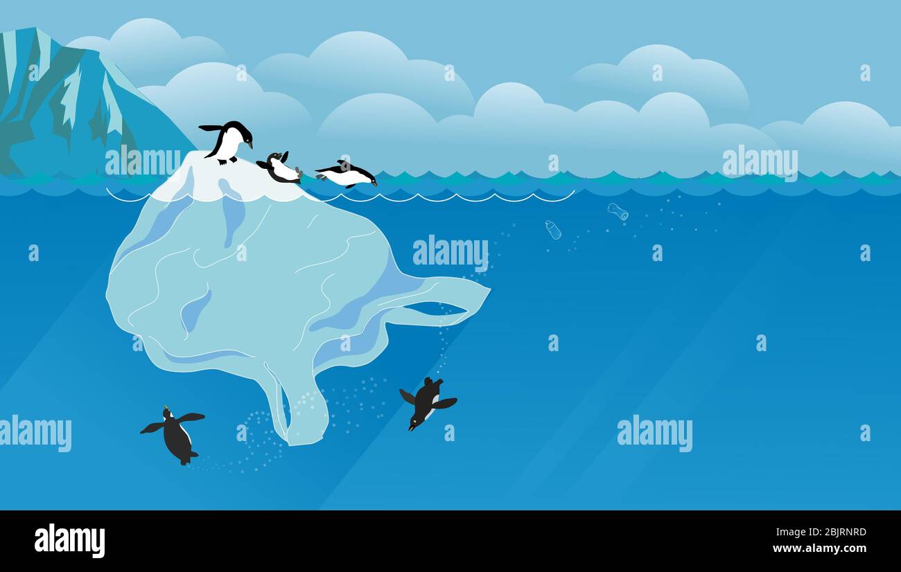 Penguins sliding down giant plastic bag iceberg and diving joyfully underwater. Ocean waste concept, saving marine life. Stock Photo