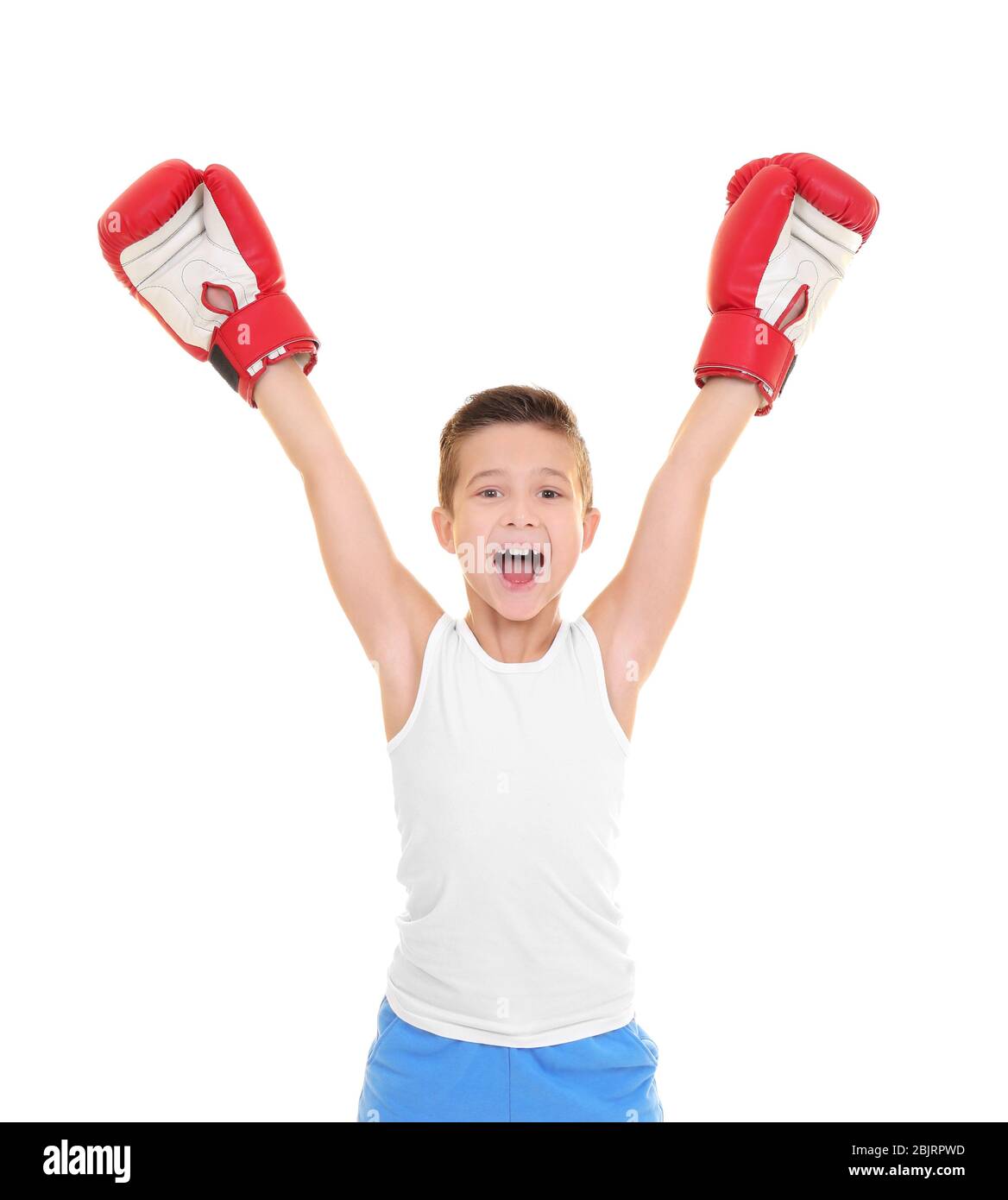 Cute little boy in boxing gloves on white background Stock Photo Alamy