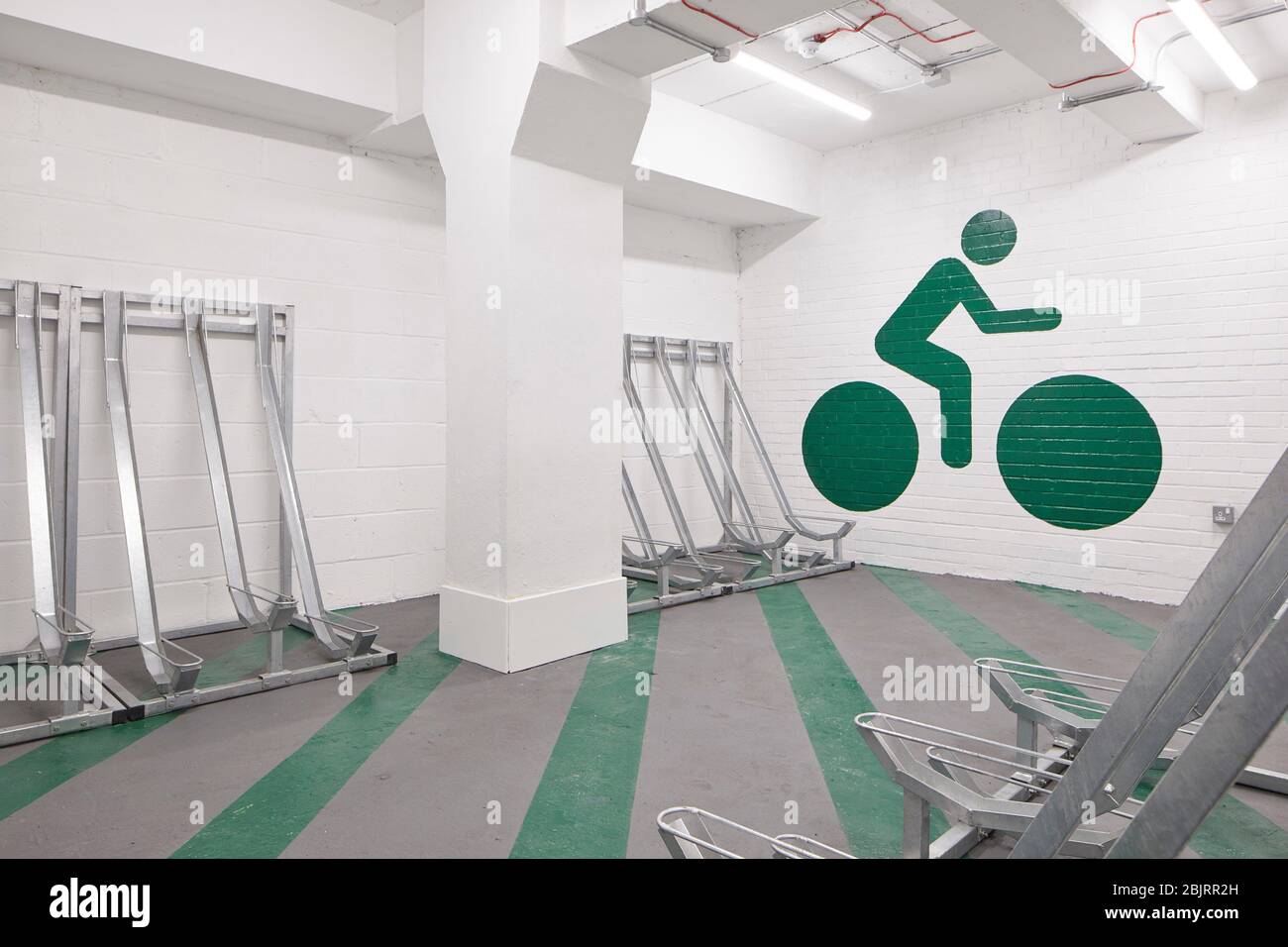 Bike storage area with graphics. 75 Farringdon Road, London, United
