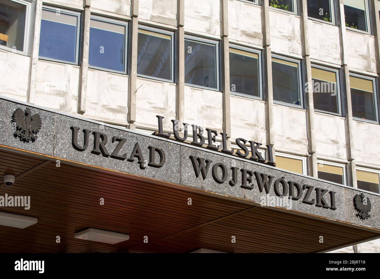 View of the Lubelski Urzad Wojewodzki (The Lubelskie Province Governor’s Office) during the Coronavirus (COVID-19) lockdown crisis.Due to coronavirus restrictions on movement, bars and restaurants are closed and the streets of Polish cities are depopulated. Stock Photo