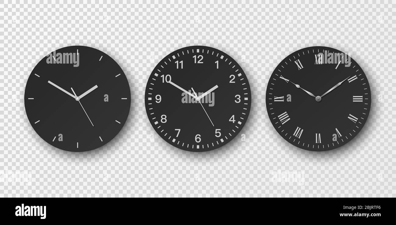 Vector 3d Realistic Simple Round Wall Office Clock Set. Black Dial