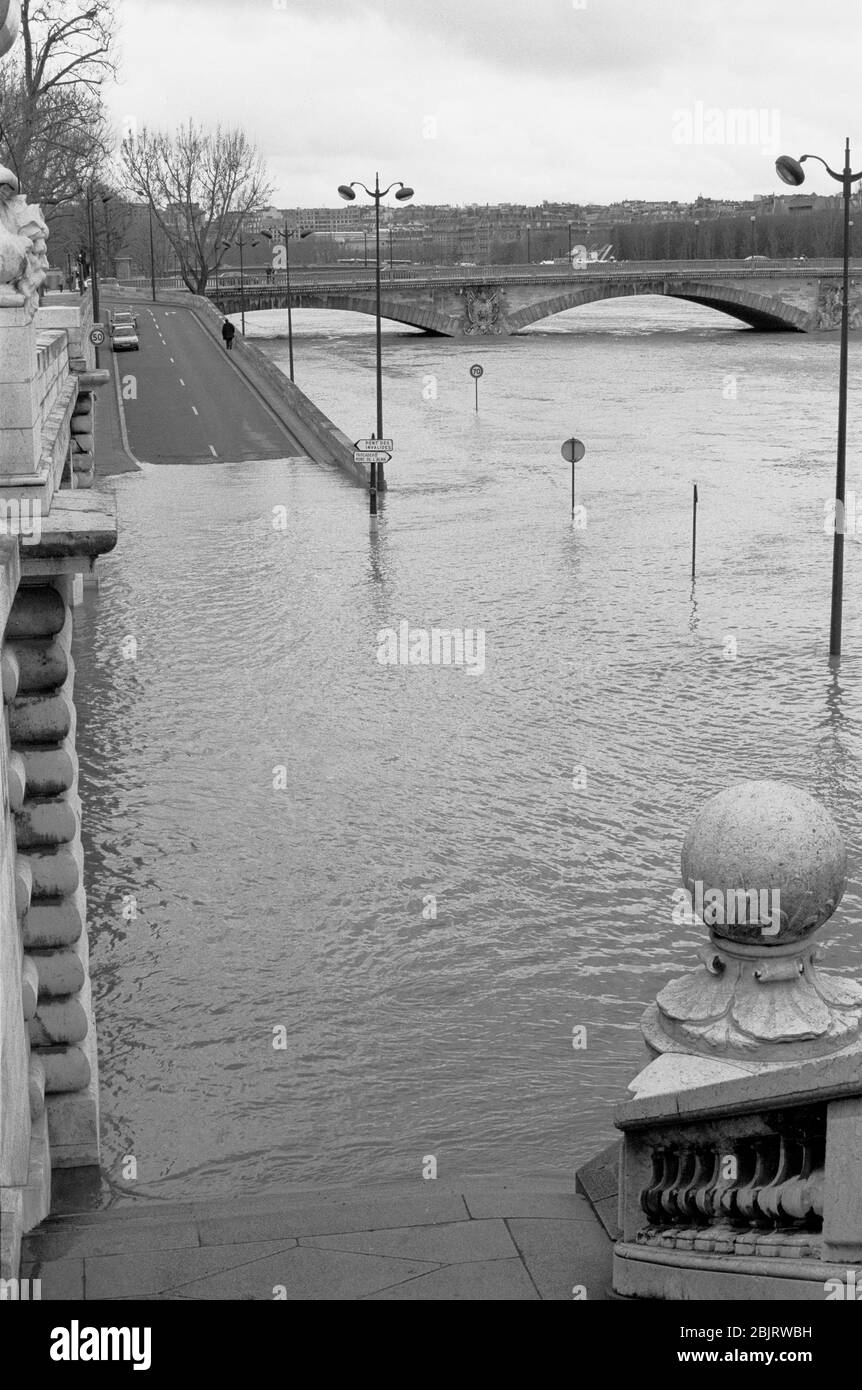 PARIS SEINE RIVER FLOOD - CRUE DE LA SEINE - PARIS STREET PHOTOGRAPHY - BLACK AND WHITE PHOTOGRAPHY - SILVER FILM © F.BEAUMONT Stock Photo