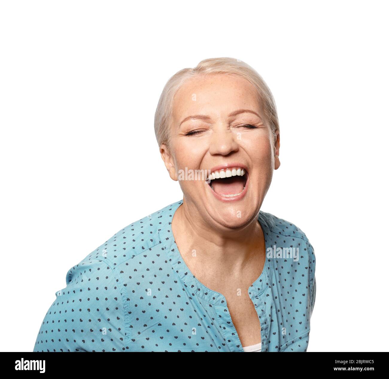 Portrait of laughing mature woman on white background Stock Photo - Alamy