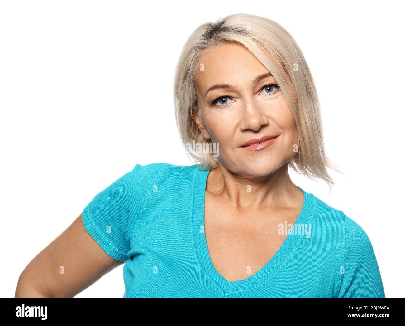 Portrait of beautiful mature woman on white background Stock Photo - Alamy
