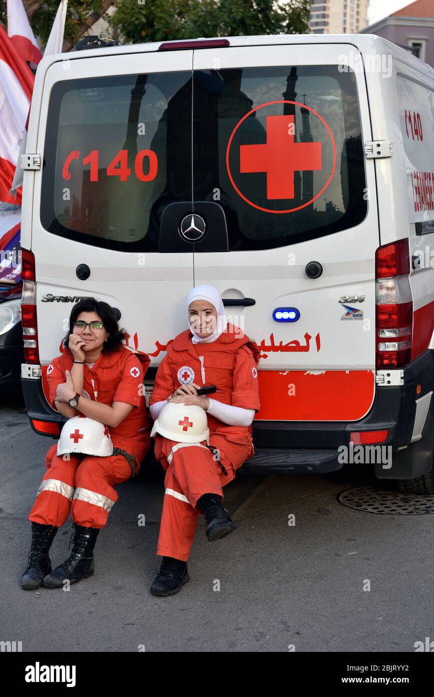 Lebanese Red Cross on duty during the October 2019 anti-government protests in Beirut, Lebanon. Stock Photo