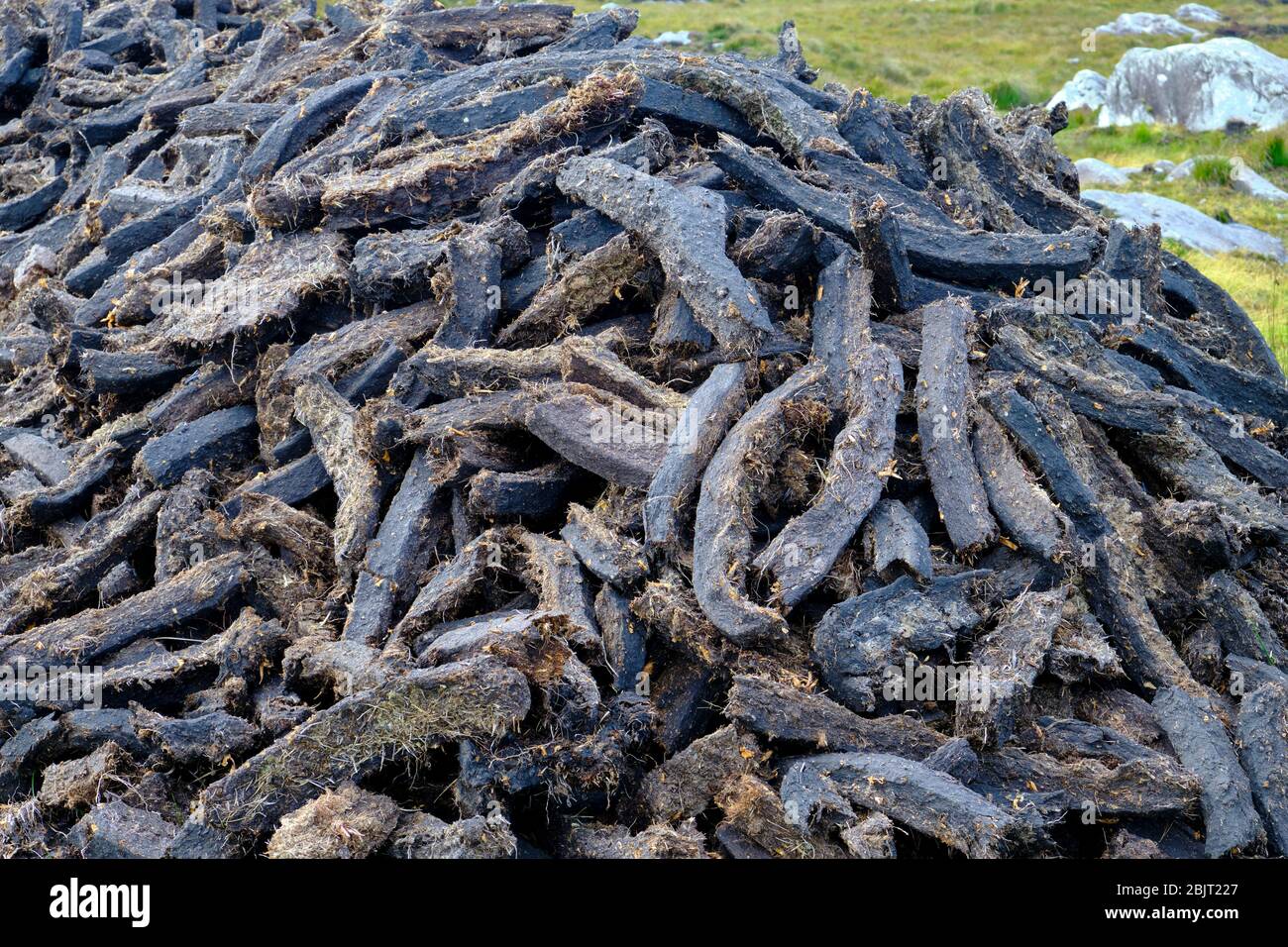 A pile of strips of peat cut in the typical Irish bog. Milled peat is