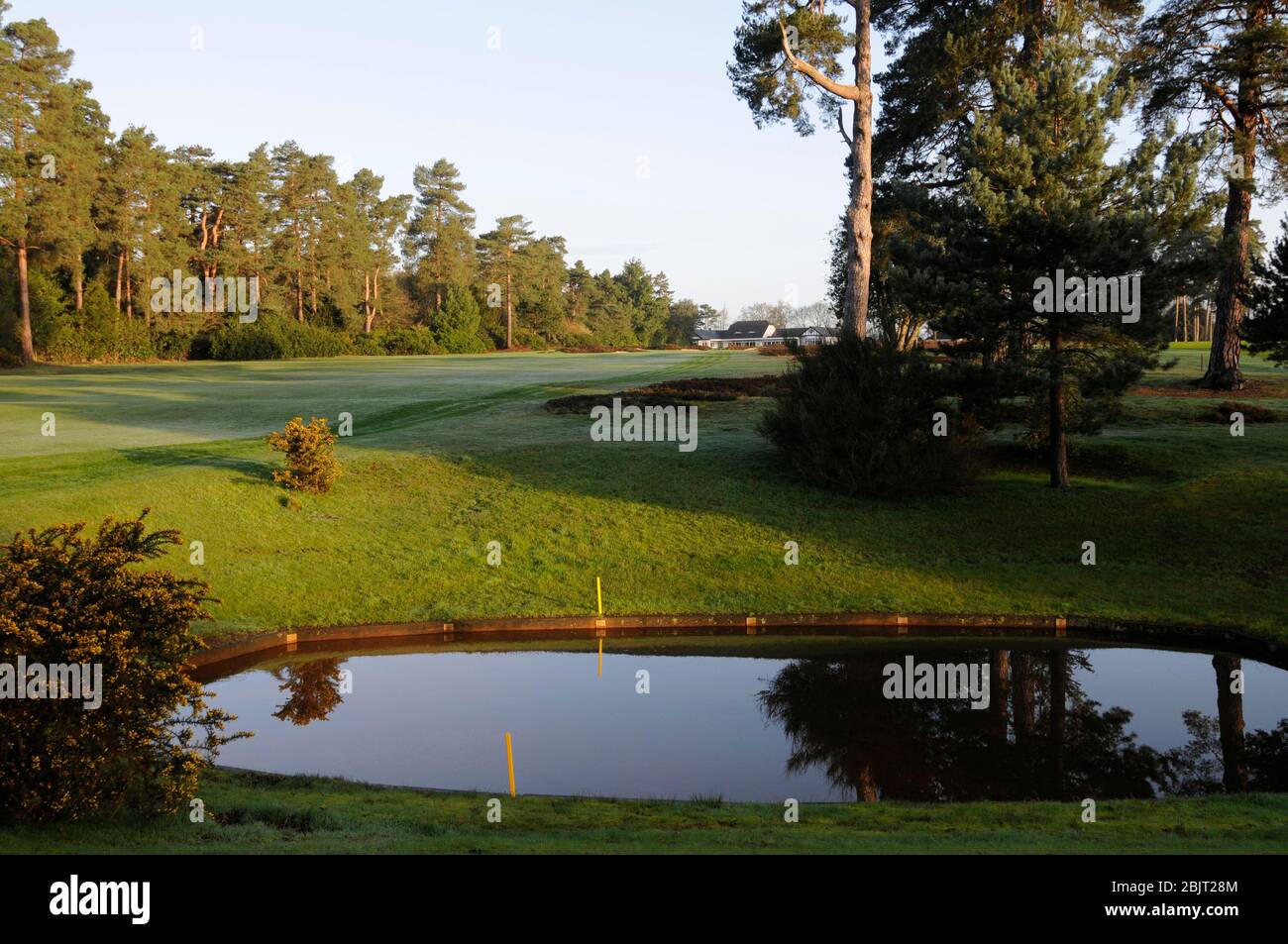 View over pond to 18th Fairway and Green with Clubhouse, West Hill Golf Club, Bagshot, Surrey, England Stock Photo