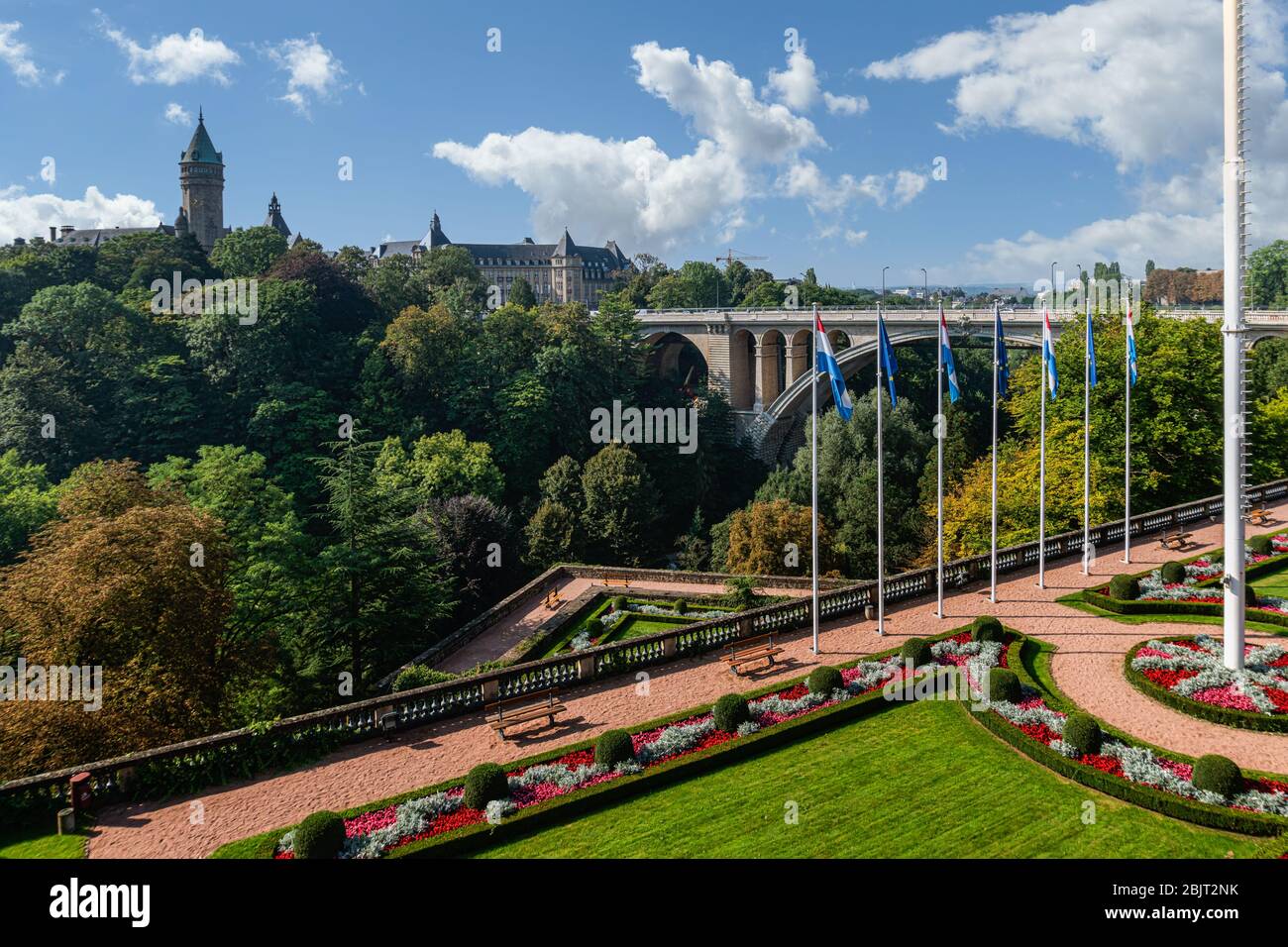 city view of Luxembourg city with the famous Adolphe bridge and Constitution square and Park. Stock Photo