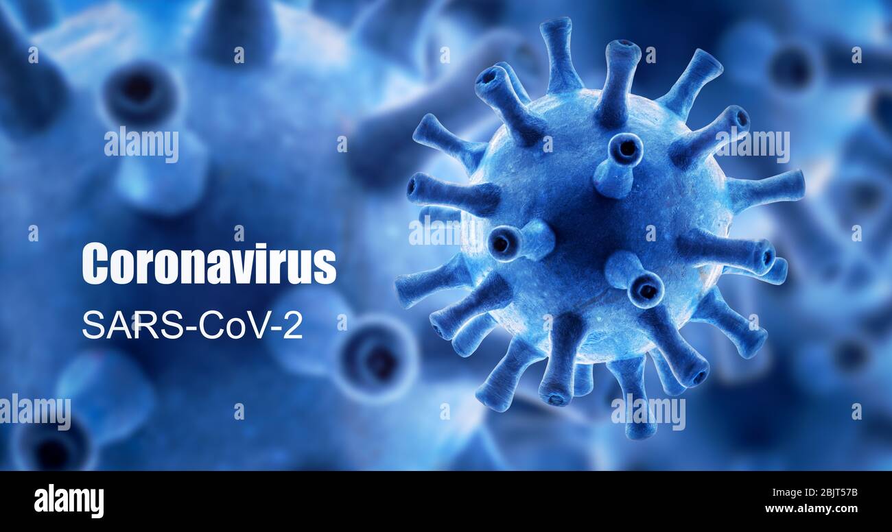 Coronavirus banner, 3d rendering, COVID-19 disease theme on blue background. Novel SARS-CoV-2 corona virus global outbreak, poster with concept of cor Stock Photo