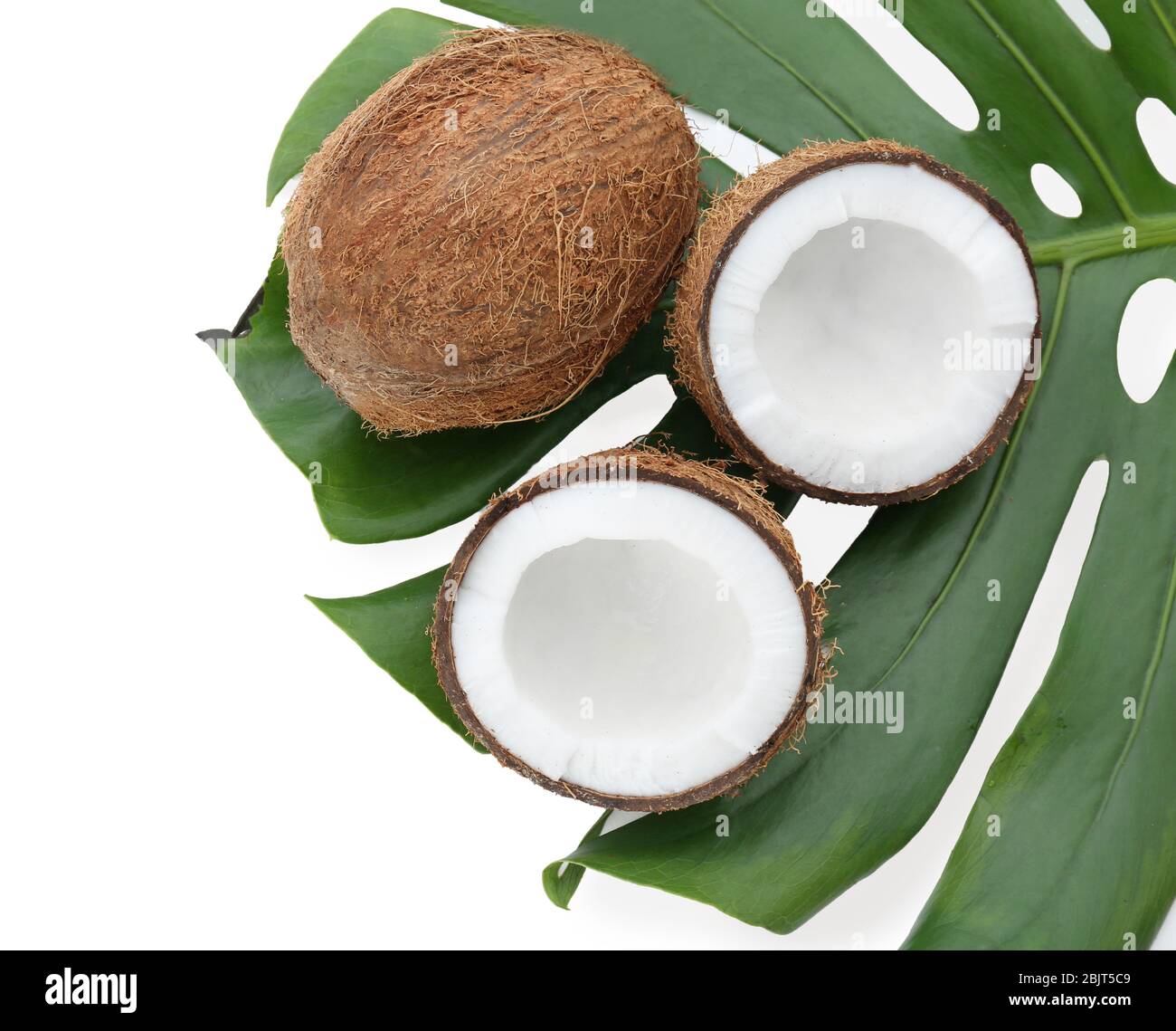 Ripe coconuts with leaf on white background Stock Photo - Alamy
