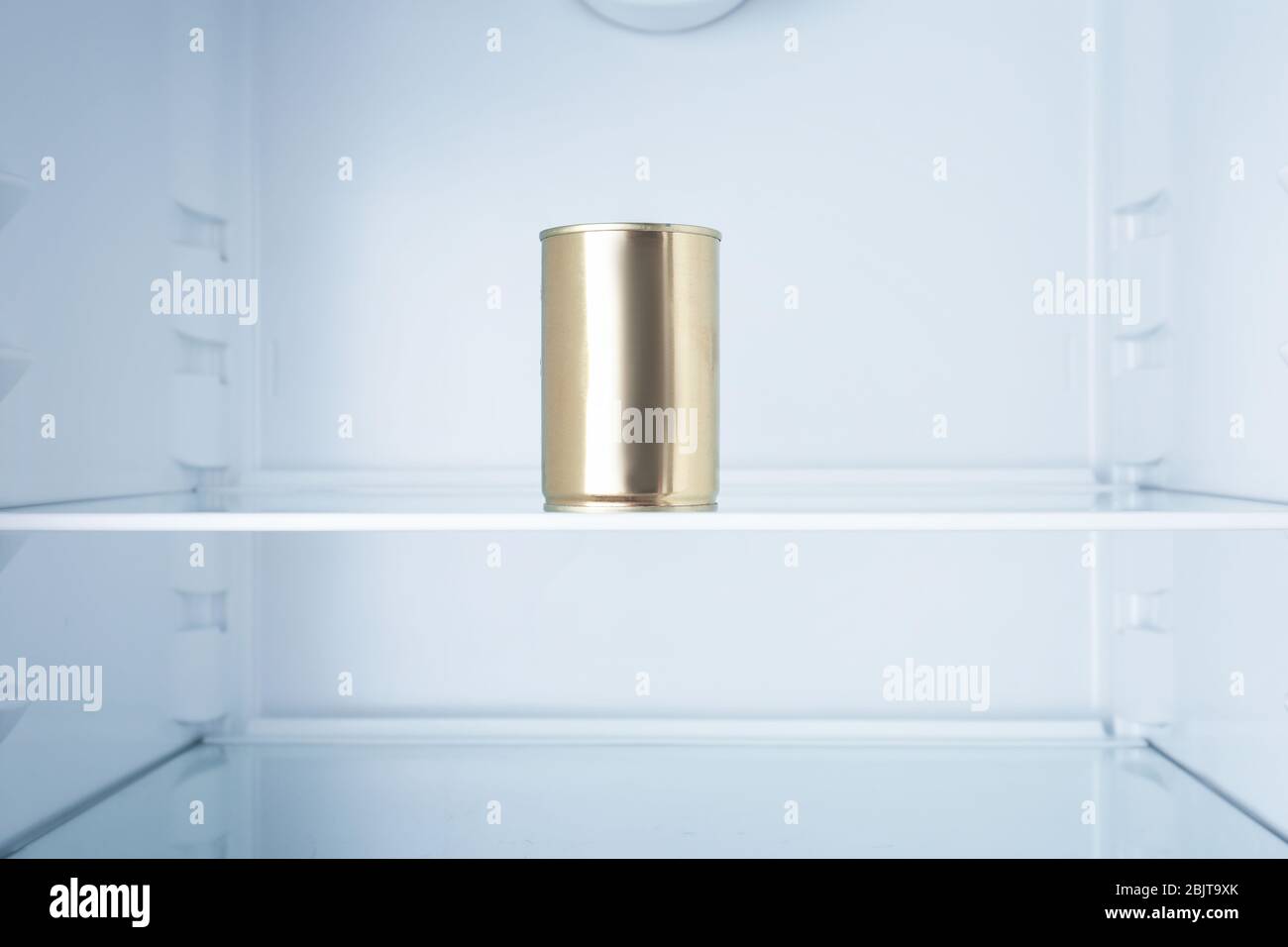 Tin can in empty refrigerator Stock Photo Alamy
