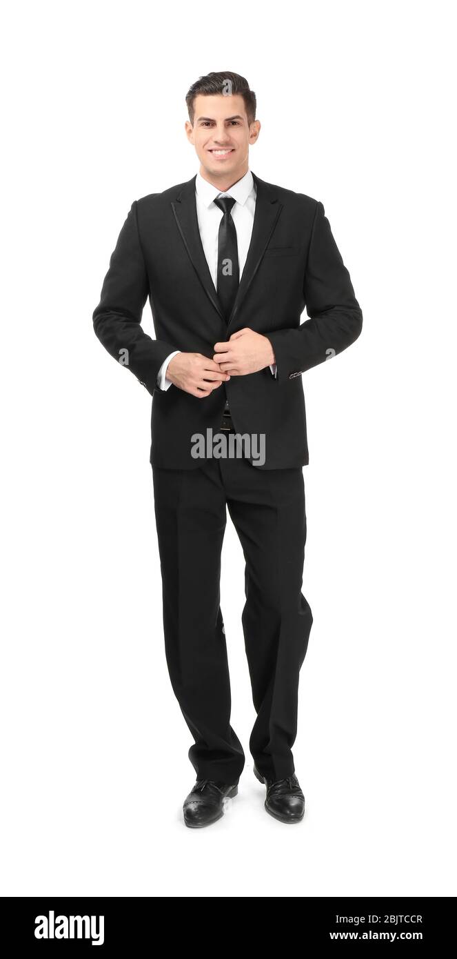 Handsome man in elegant suit on white background Stock Photo - Alamy