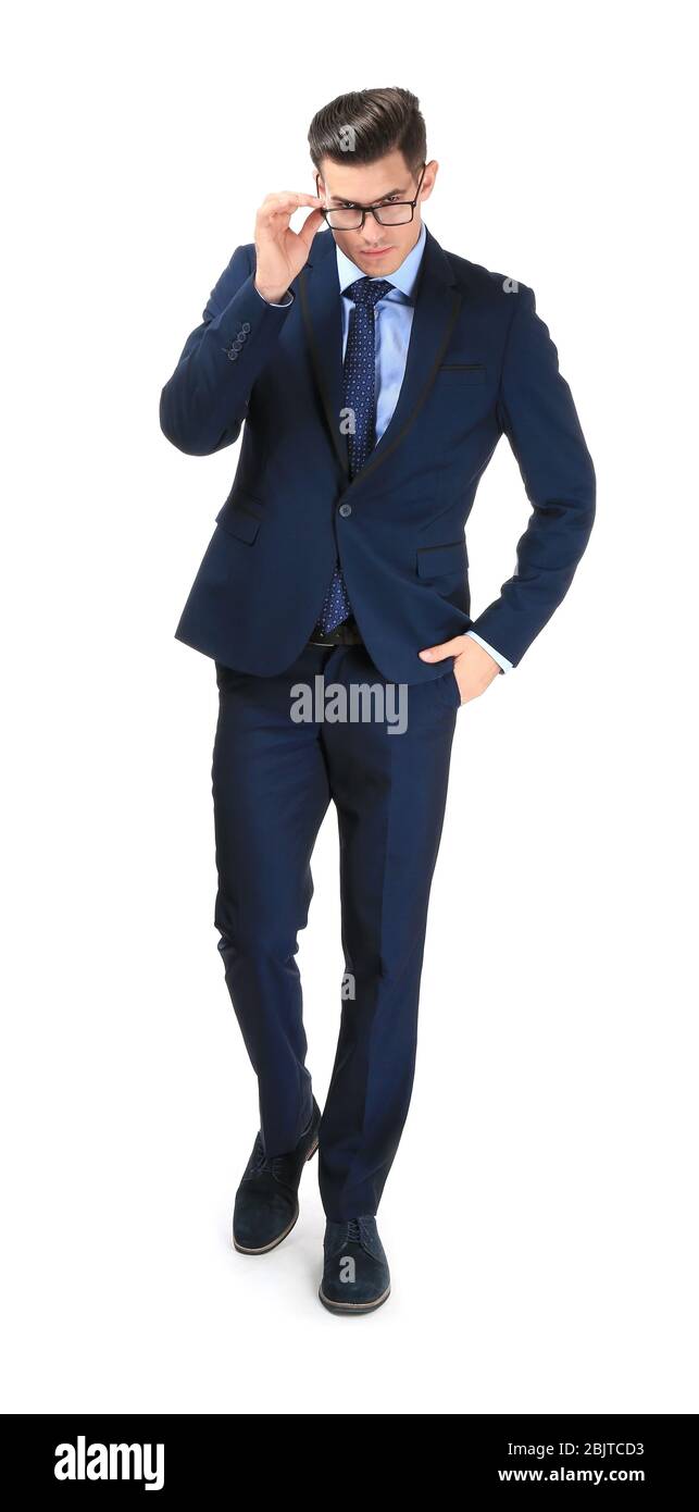 Handsome man in elegant suit on white background Stock Photo - Alamy