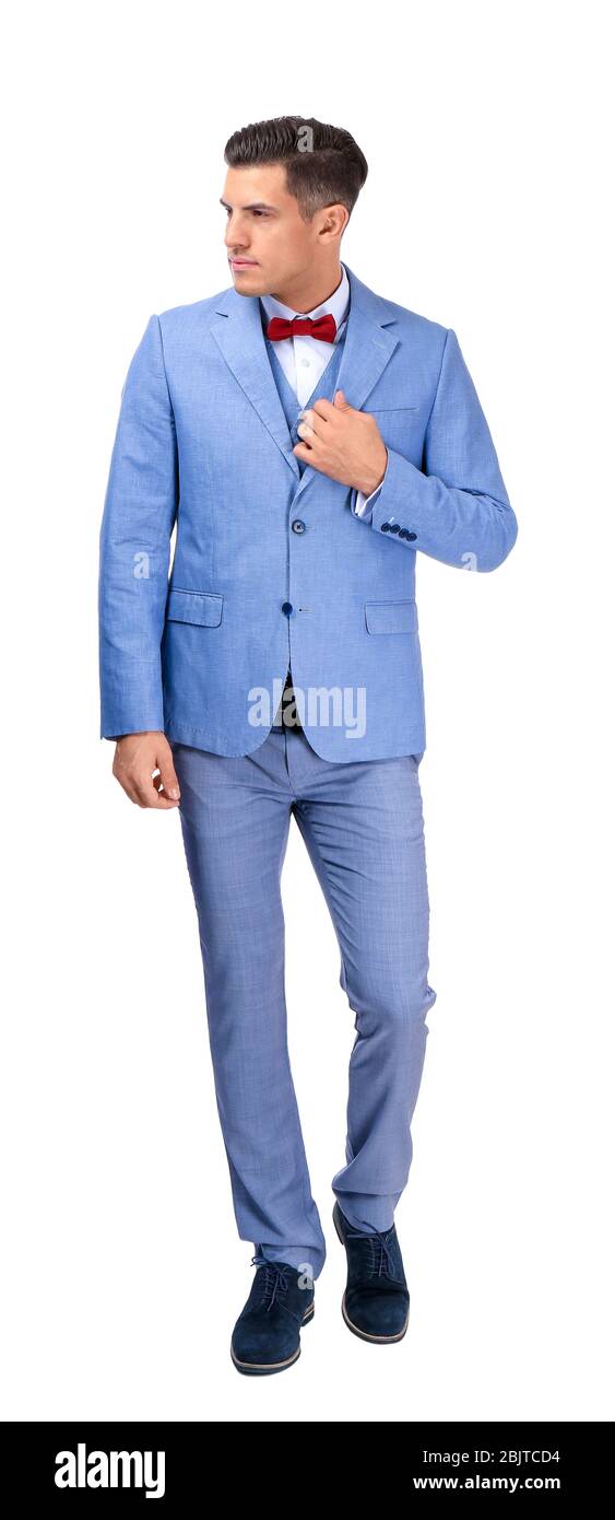 Handsome man in elegant suit on white background Stock Photo - Alamy