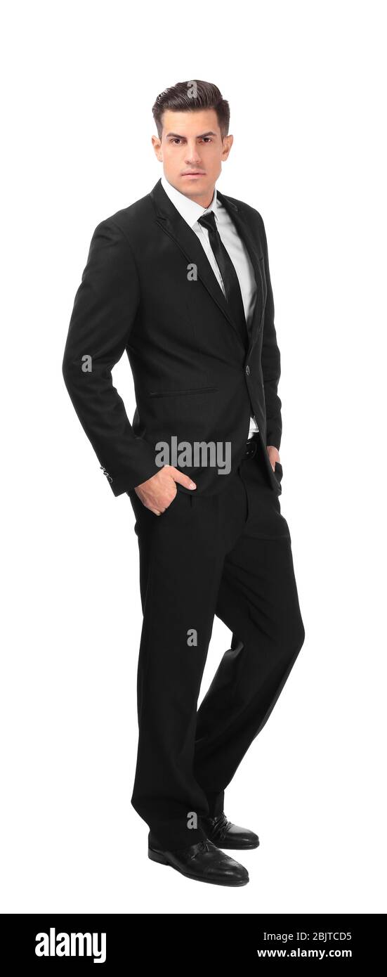 Handsome man in elegant suit on white background Stock Photo - Alamy