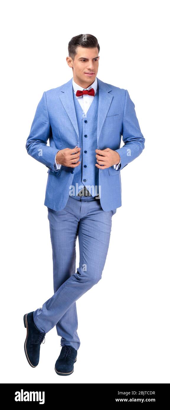 Handsome man in elegant suit on white background Stock Photo - Alamy