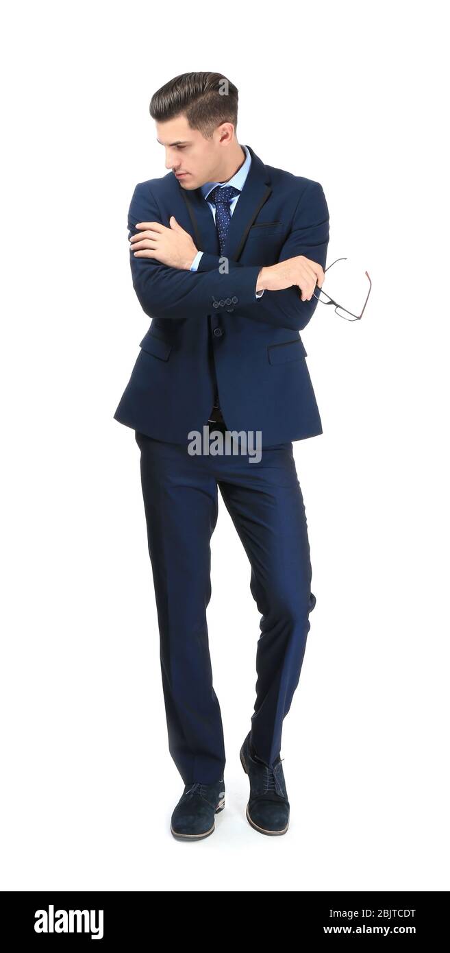 Handsome man in elegant suit on white background Stock Photo - Alamy